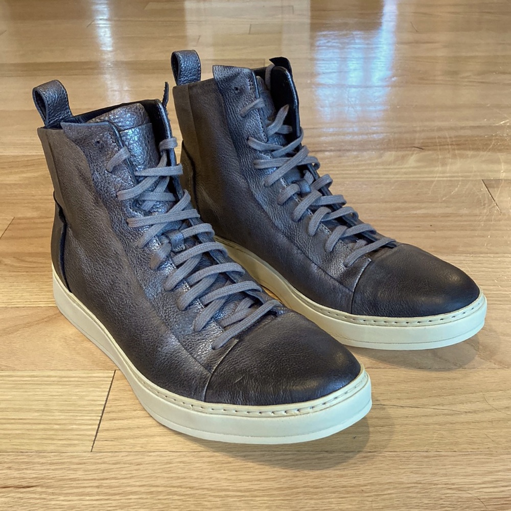 John Varvatos 315 Deek High Top Designer Leather Sneakers Silver Gray Size 11